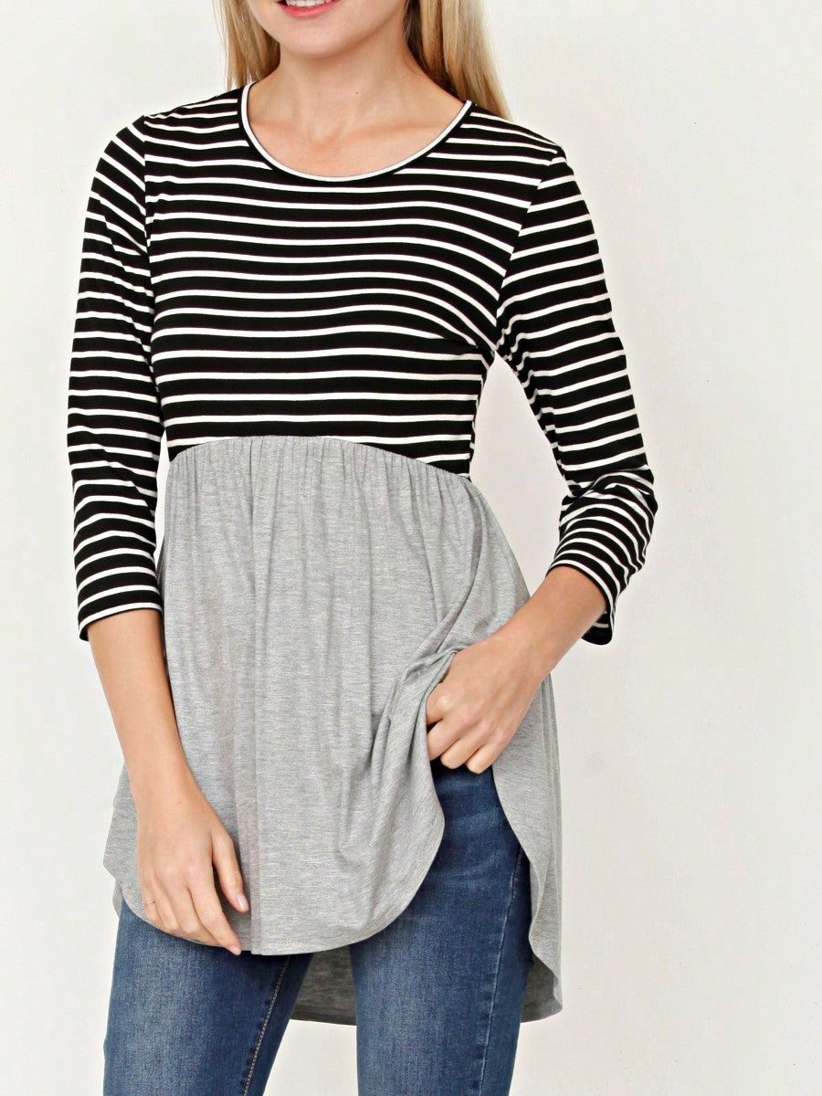 Boho Vintage Stripe Cute Baby Doll High And Low Top Blouse Tunic With Side Slit Small To 3 XL Plus