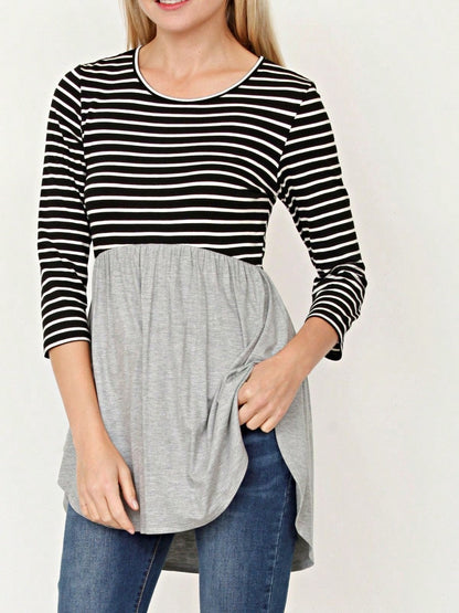 Boho Vintage Stripe Cute Baby Doll High And Low Top Blouse Tunic With Side Slit Small To 3 XL Plus