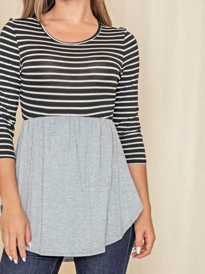 Boho Vintage Stripe Cute Baby Doll High And Low Top Blouse Tunic With Side Slit Small To 3 XL Plus