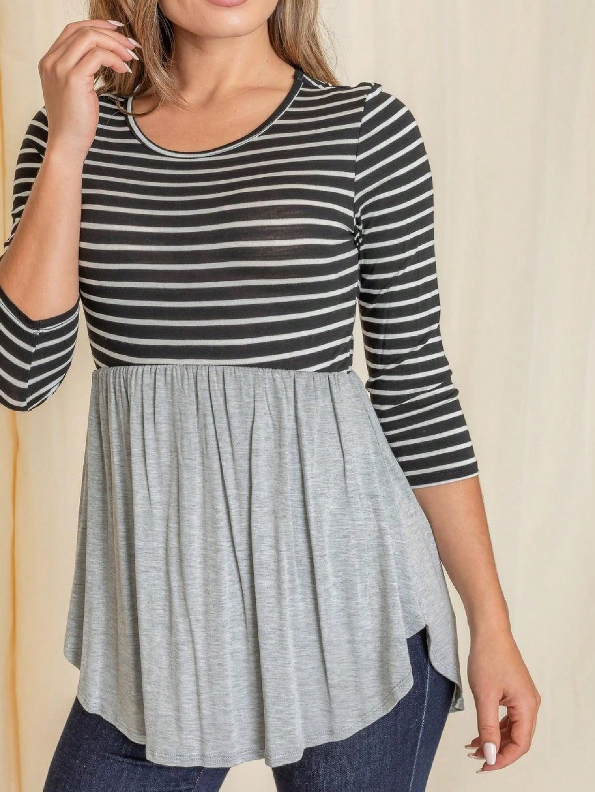 Boho Vintage Stripe Cute Baby Doll High And Low Top Blouse Tunic With Side Slit Small To 3 XL Plus
