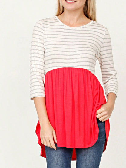 Boho Vintage Stripe Cute Baby Doll High And Low Top Blouse Tunic With Side Slit Small To 3 XL Plus