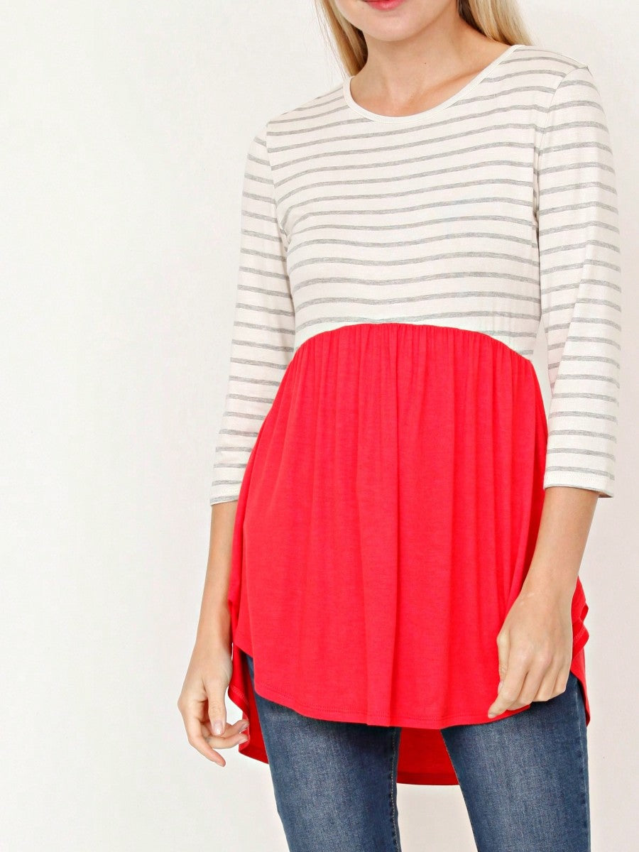 Boho Vintage Stripe Cute Baby Doll High And Low Top Blouse Tunic With Side Slit Small To 3 XL Plus