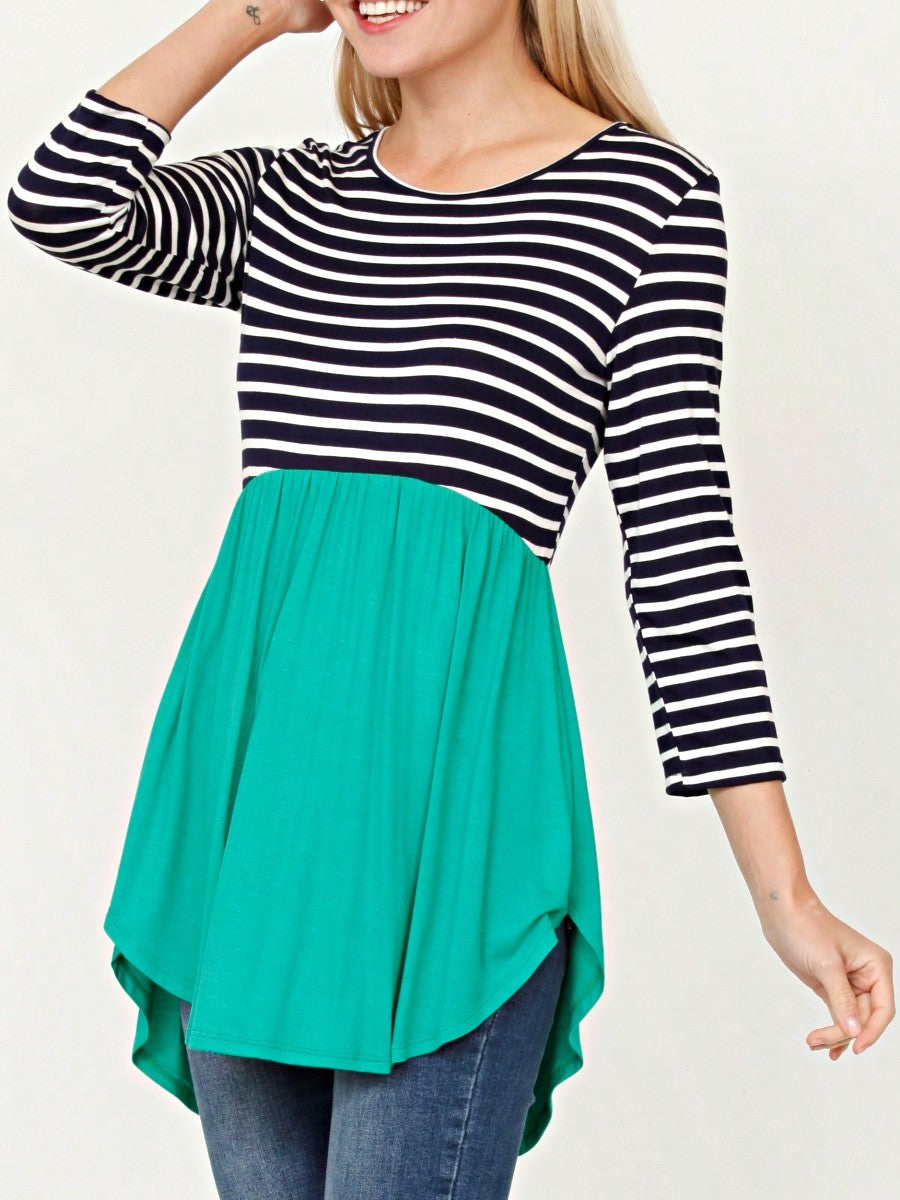 Boho Vintage Stripe Cute Baby Doll High And Low Top Blouse Tunic With Side Slit Small To 3 XL Plus