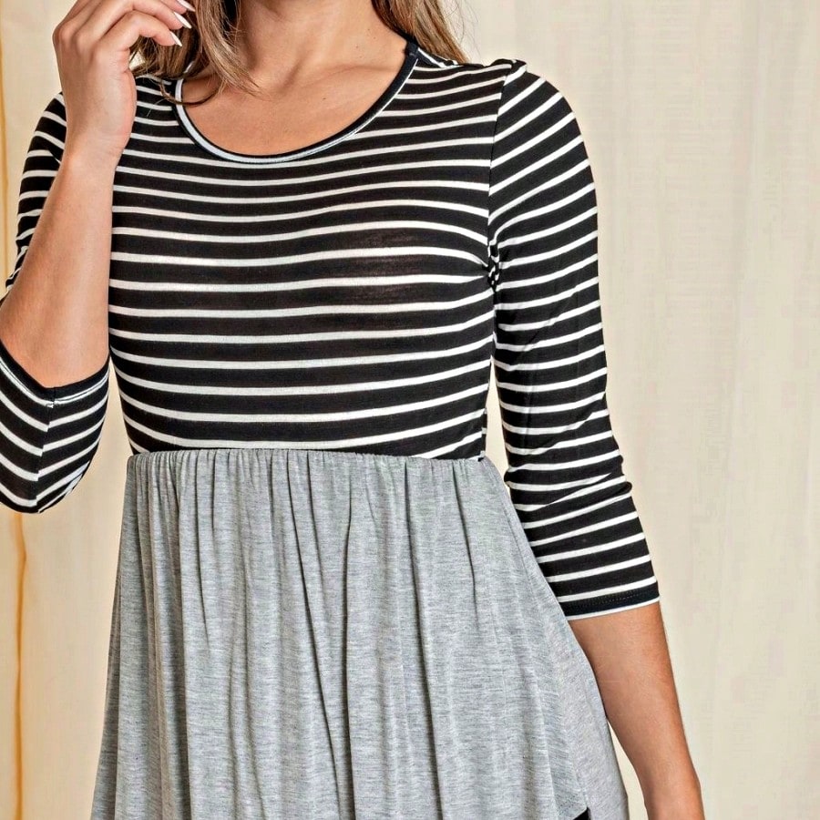 Boho Vintage Stripe Cute Baby Doll High And Low Top Blouse Tunic With Side Slit Small To 3 XL Plus