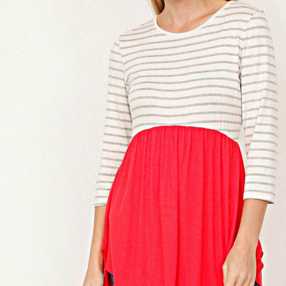 Boho Vintage Stripe Cute Baby Doll High And Low Top Blouse Tunic With Side Slit Small To 3 XL Plus