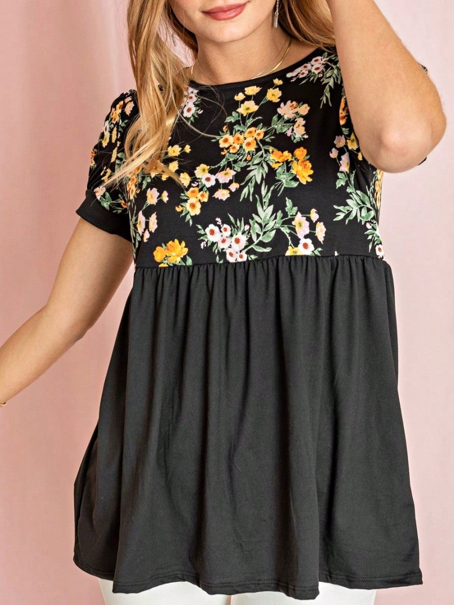 Boho Retro Baby Doll Ivory Navy Blue Floral Color Block Tunic Top Shirt