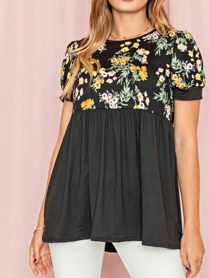 Boho Retro Baby Doll Ivory Navy Blue Floral Color Block Tunic Top Shirt