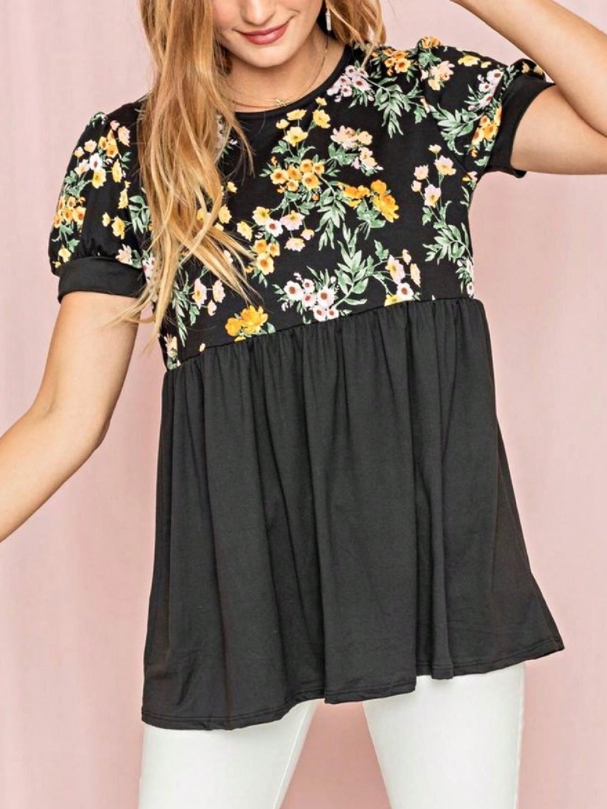 Boho Retro Baby Doll Ivory Navy Blue Floral Color Block Tunic Top Shirt