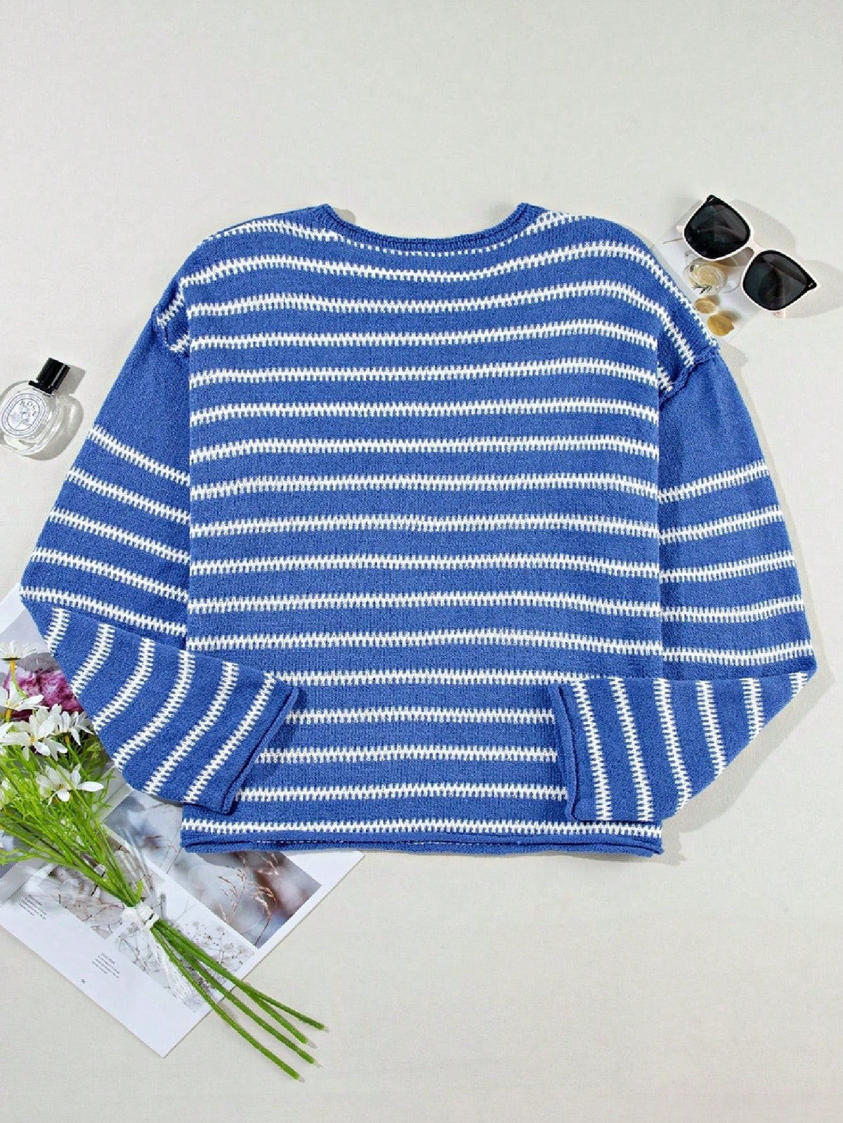 Boho Retro Vintage  90's  Drop Shoulder Dolman Sleeve Turtle Mock Neck Blue Green Pink Rose Stripe Merry Christmas Holly  Sweater Knit Top Pullover