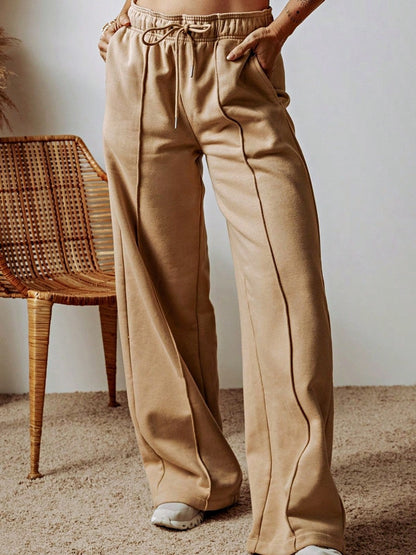 Boho Retro 60's Solid Khaki Smoke Gray Bottom Wide Leg Cotton Mix  Drawstring With Pocket Pants
