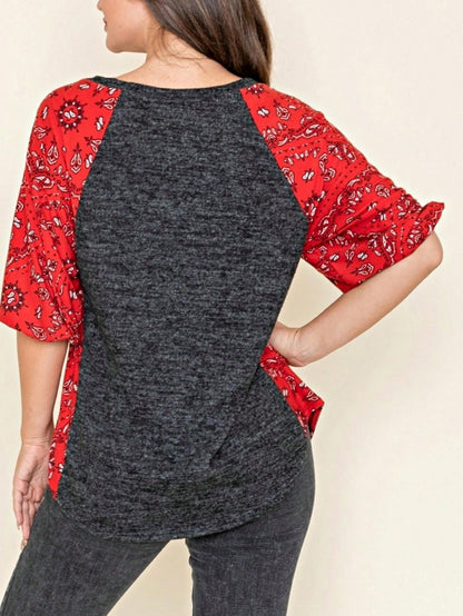Boho Retro 90's Vintage  Bandana Paisley Olive Burgundy Cute Side Cut Knit Top Blouse Cool Tunic