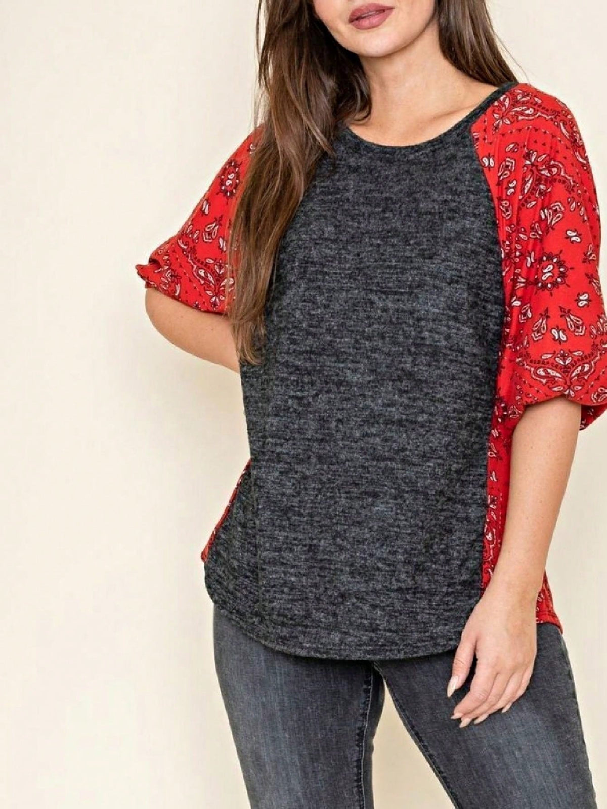 Boho Retro 90's Vintage  Bandana Paisley Olive Burgundy Cute Side Cut Knit Top Blouse Cool Tunic