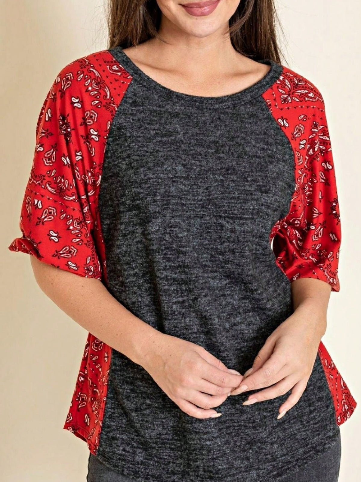 Boho Retro 90's Vintage  Bandana Paisley Olive Burgundy Cute Side Cut Knit Top Blouse Cool Tunic