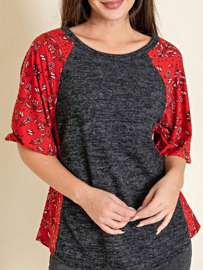 Boho Retro 90's Vintage  Bandana Paisley Olive Burgundy Cute Side Cut Knit Top Blouse Cool Tunic