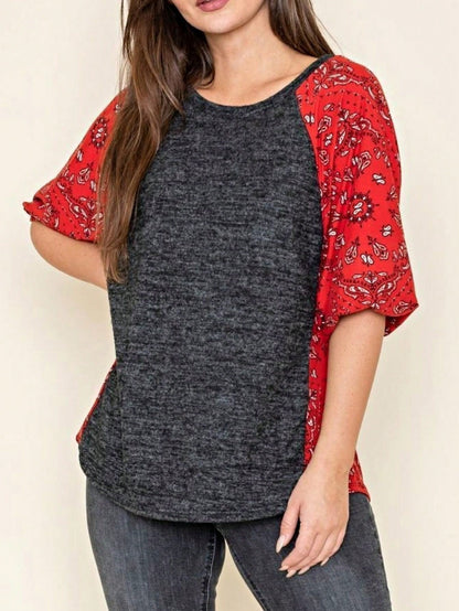 Boho Retro 90's Vintage  Bandana Paisley Olive Burgundy Cute Side Cut Knit Top Blouse Cool Tunic