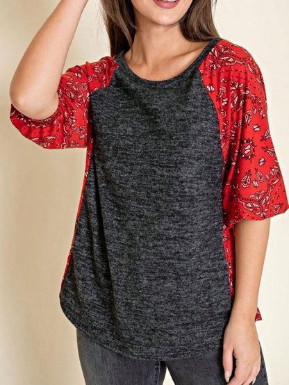 Boho Retro 90's Vintage  Bandana Paisley Olive Burgundy Cute Side Cut Knit Top Blouse Cool Tunic