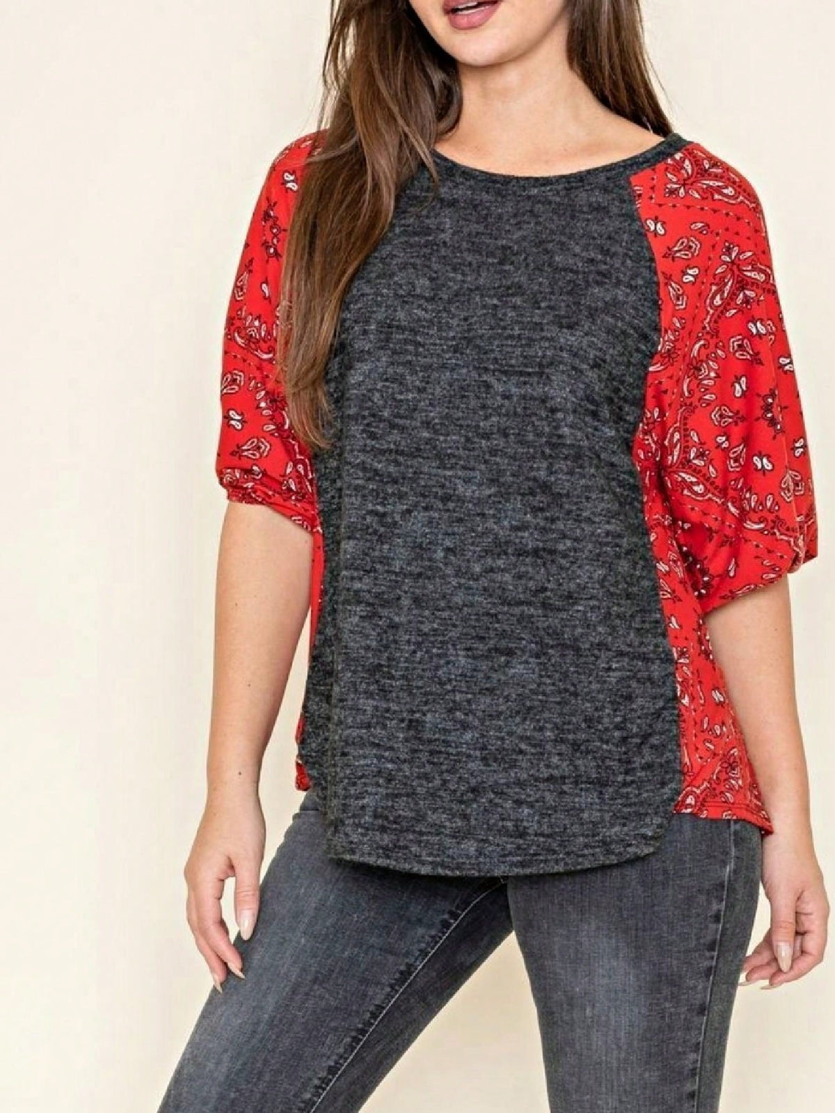 Boho Retro 90's Vintage  Bandana Paisley Olive Burgundy Cute Side Cut Knit Top Blouse Cool Tunic