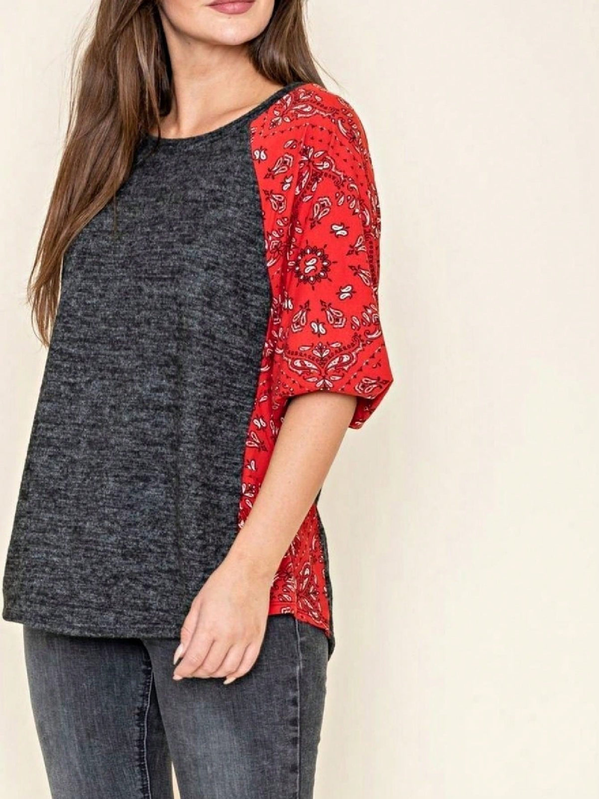 Boho Retro 90's Vintage  Bandana Paisley Olive Burgundy Cute Side Cut Knit Top Blouse Cool Tunic