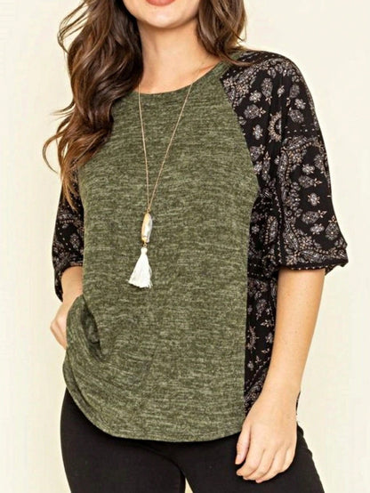 Boho Retro 90's Vintage  Bandana Paisley Olive Burgundy Cute Side Cut Knit Top Blouse Cool Tunic