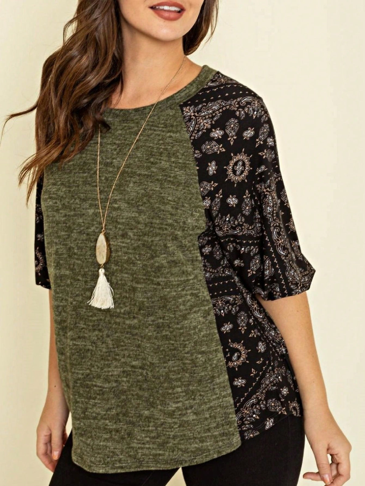 Boho Retro 90's Vintage  Bandana Paisley Olive Burgundy Cute Side Cut Knit Top Blouse Cool Tunic