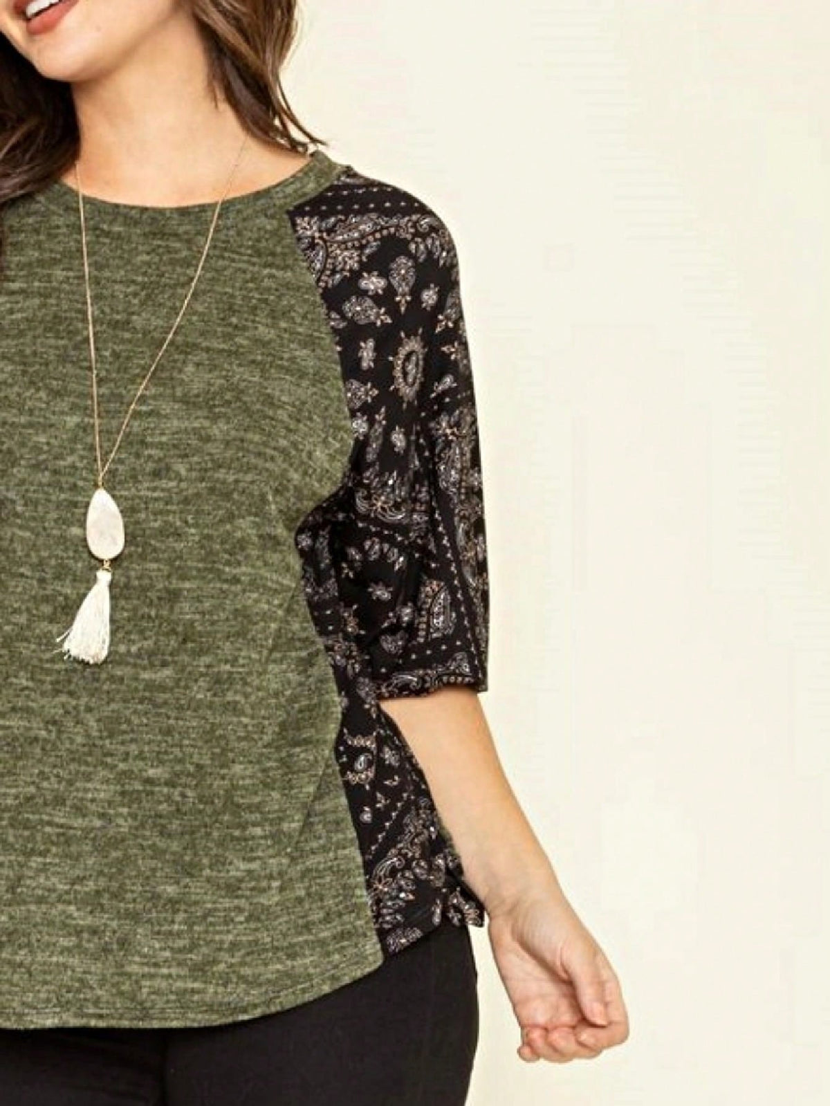 Boho Retro 90's Vintage  Bandana Paisley Olive Burgundy Cute Side Cut Knit Top Blouse Cool Tunic