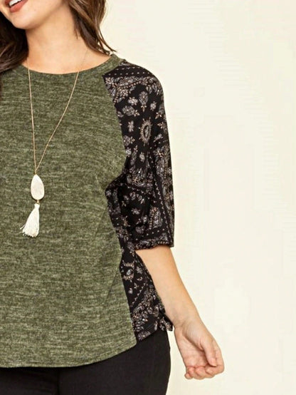 Boho Retro 90's Vintage  Bandana Paisley Olive Burgundy Cute Side Cut Knit Top Blouse Cool Tunic