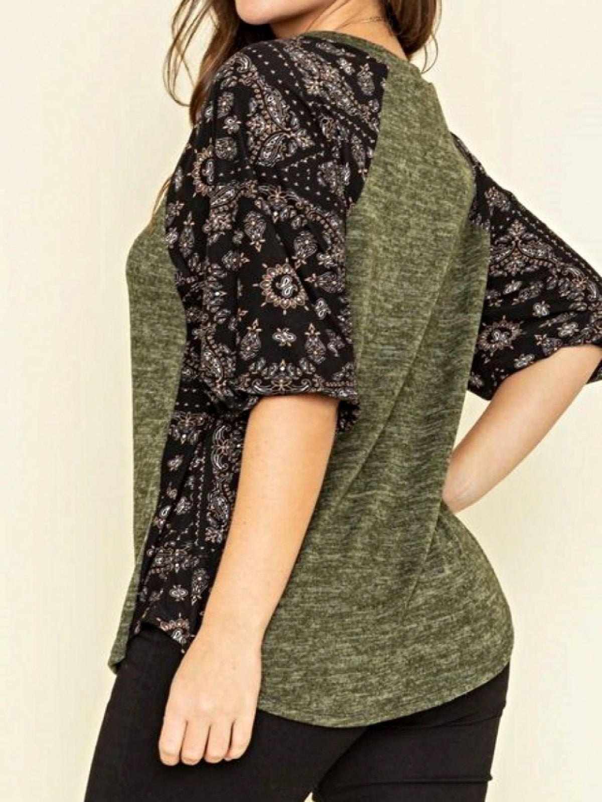 Boho Retro 90's Vintage  Bandana Paisley Olive Burgundy Cute Side Cut Knit Top Blouse Cool Tunic