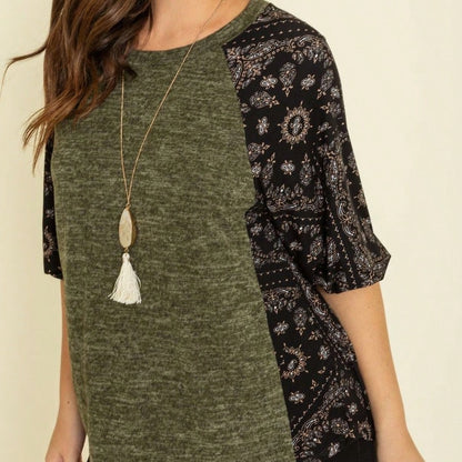 Boho Retro 90's Vintage  Bandana Paisley Olive Burgundy Cute Side Cut Knit Top Blouse Cool Tunic