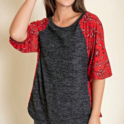 Boho Retro 90's Vintage  Bandana Paisley Olive Burgundy Cute Side Cut Knit Top Blouse Cool Tunic