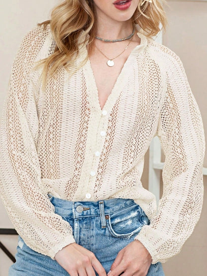 Boho Retro Vintage Cotton 90's Ivory Beige Crochet V Neck Long Sleeve Lace Loose Knit  Button Top Shirt Blouse Cardigan