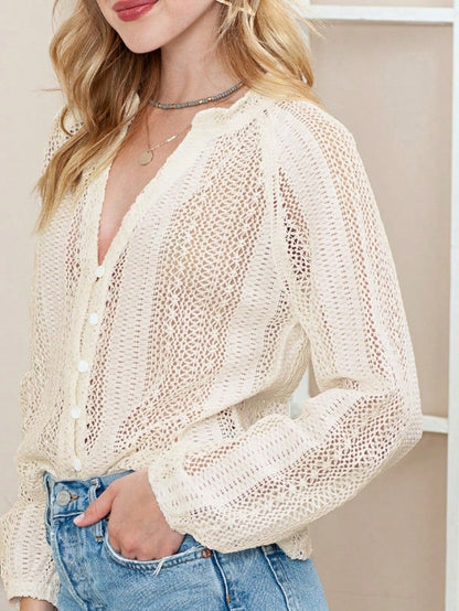 Boho Retro Vintage Cotton 90's Ivory Beige Crochet V Neck Long Sleeve Lace Loose Knit  Button Top Shirt Blouse Cardigan