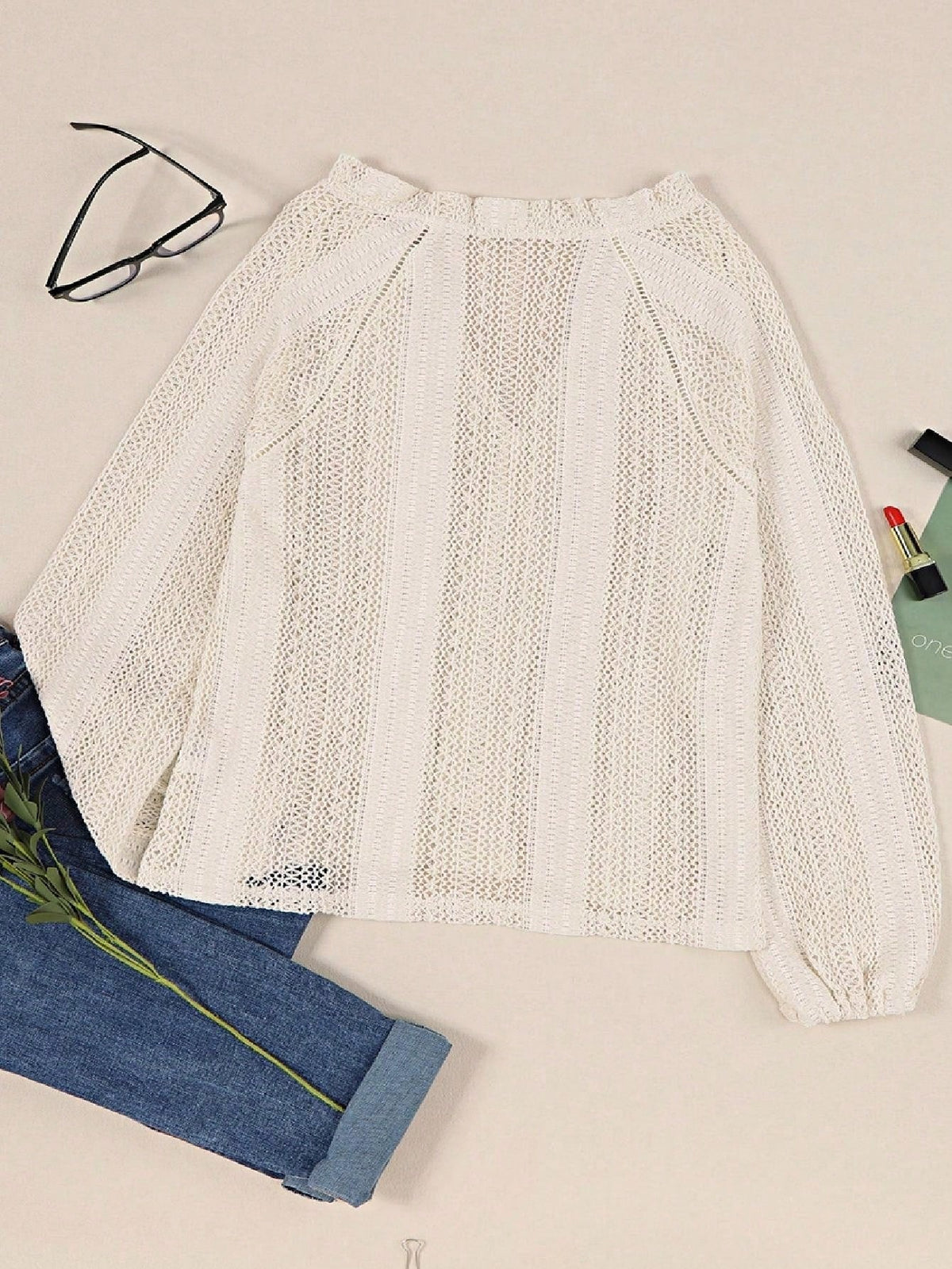 Boho Retro Vintage Cotton 90's Ivory Beige Crochet V Neck Long Sleeve Lace Loose Knit  Button Top Shirt Blouse Cardigan