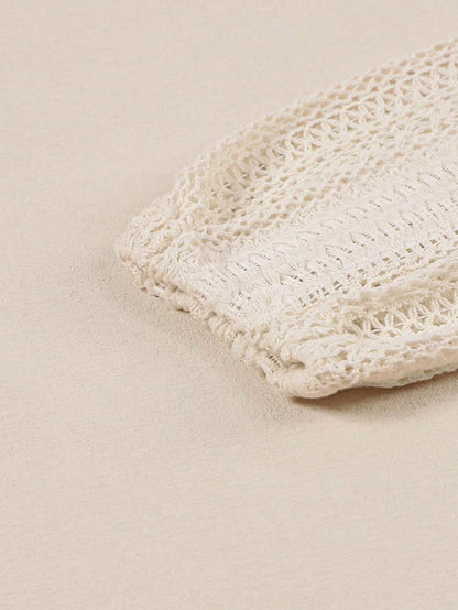 Boho Retro Vintage Cotton 90's Ivory Beige Crochet V Neck Long Sleeve Lace Loose Knit  Button Top Shirt Blouse Cardigan