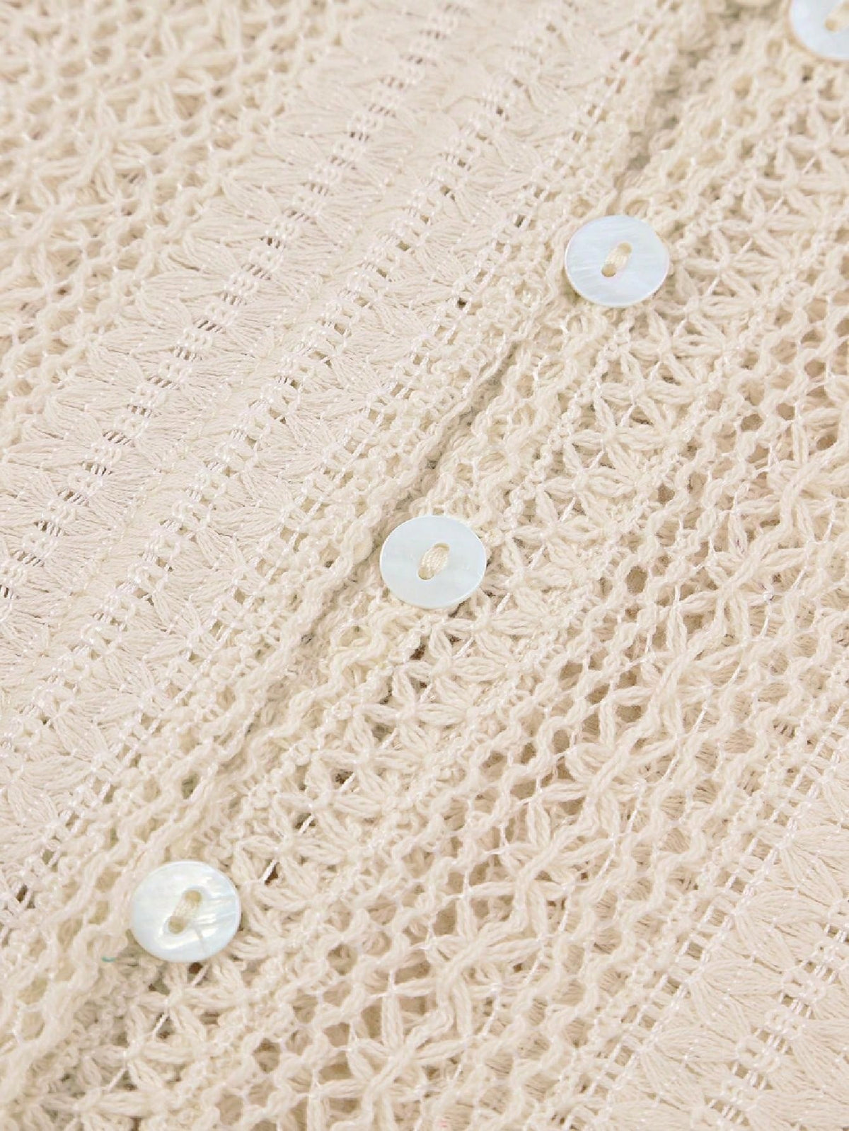Boho Retro Vintage Cotton 90's Ivory Beige Crochet V Neck Long Sleeve Lace Loose Knit  Button Top Shirt Blouse Cardigan
