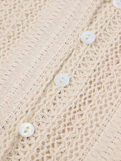 Boho Retro Vintage Cotton 90's Ivory Beige Crochet V Neck Long Sleeve Lace Loose Knit  Button Top Shirt Blouse Cardigan