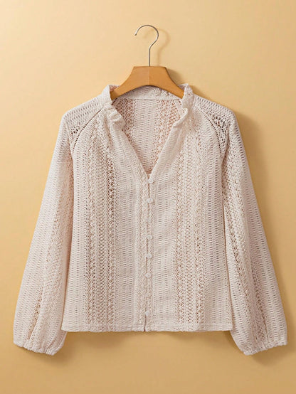 Boho Retro Vintage Cotton 90's Ivory Beige Crochet V Neck Long Sleeve Lace Loose Knit  Button Top Shirt Blouse Cardigan