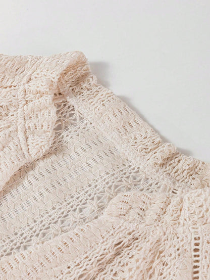 Boho Retro Vintage Cotton 90's Ivory Beige Crochet V Neck Long Sleeve Lace Loose Knit  Button Top Shirt Blouse Cardigan