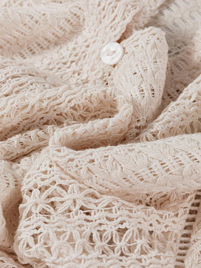 Boho Retro Vintage Cotton 90's Ivory Beige Crochet V Neck Long Sleeve Lace Loose Knit  Button Top Shirt Blouse Cardigan