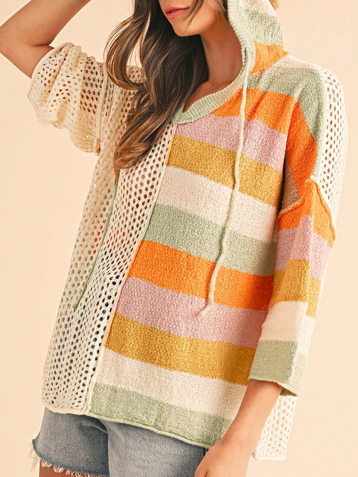 Boho Retro Vintage 60's  Drop Shoulder Wide Kimono Camouflage Marble Acid Sleeve Stripe Eyelet Overs Sized  Sweater Knit Hood Pullover Hodie