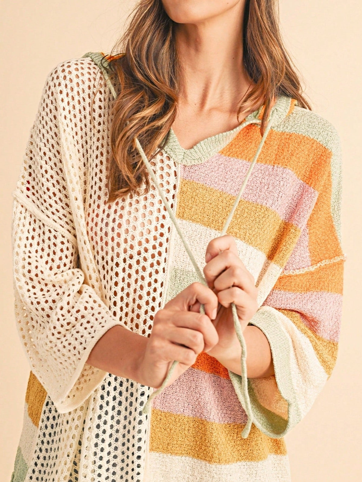 Boho Retro Vintage 60's  Drop Shoulder Wide Kimono Camouflage Marble Acid Sleeve Stripe Eyelet Overs Sized  Sweater Knit Hood Pullover Hodie
