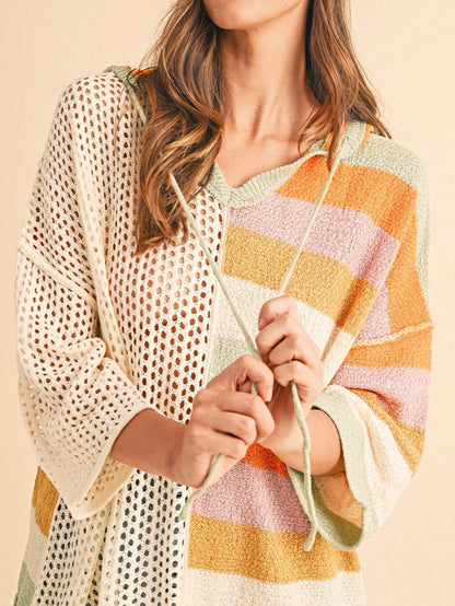 Boho Retro Vintage 60's  Drop Shoulder Wide Kimono Camouflage Marble Acid Sleeve Stripe Eyelet Overs Sized  Sweater Knit Hood Pullover Hodie