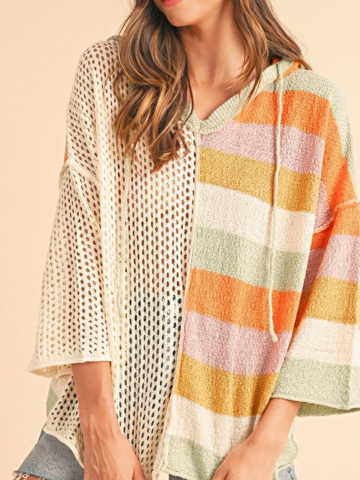 Boho Retro Vintage 60's  Drop Shoulder Wide Kimono Camouflage Marble Acid Sleeve Stripe Eyelet Overs Sized  Sweater Knit Hood Pullover Hodie