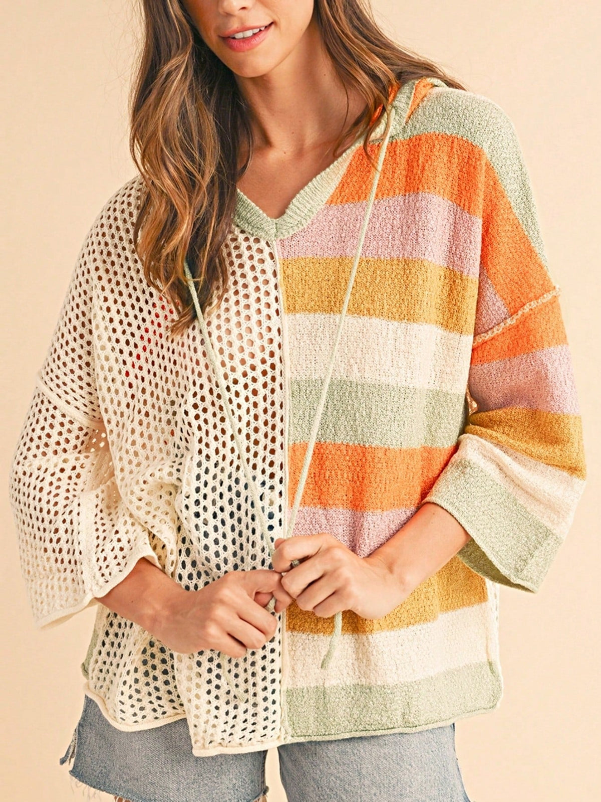 Boho Retro Vintage 60's  Drop Shoulder Wide Kimono Camouflage Marble Acid Sleeve Stripe Eyelet Overs Sized  Sweater Knit Hood Pullover Hodie