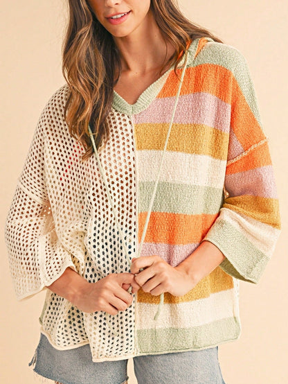 Boho Retro Vintage 60's  Drop Shoulder Wide Kimono Camouflage Marble Acid Sleeve Stripe Eyelet Overs Sized  Sweater Knit Hood Pullover Hodie