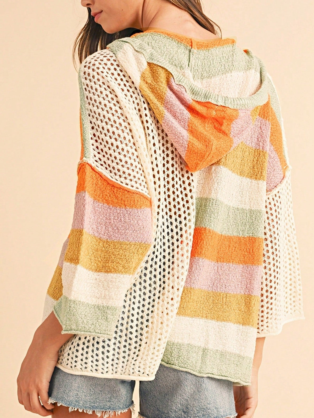 Boho Retro Vintage 60's  Drop Shoulder Wide Kimono Camouflage Marble Acid Sleeve Stripe Eyelet Overs Sized  Sweater Knit Hood Pullover Hodie