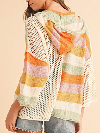 Boho Retro Vintage 60's  Drop Shoulder Wide Kimono Camouflage Marble Acid Sleeve Stripe Eyelet Overs Sized  Sweater Knit Hood Pullover Hodie