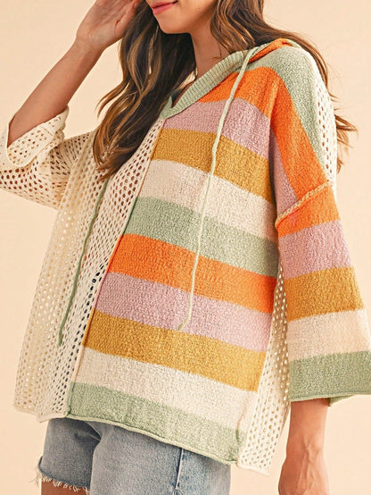 Boho Retro Vintage 60's  Drop Shoulder Wide Kimono Camouflage Marble Acid Sleeve Stripe Eyelet Overs Sized  Sweater Knit Hood Pullover Hodie