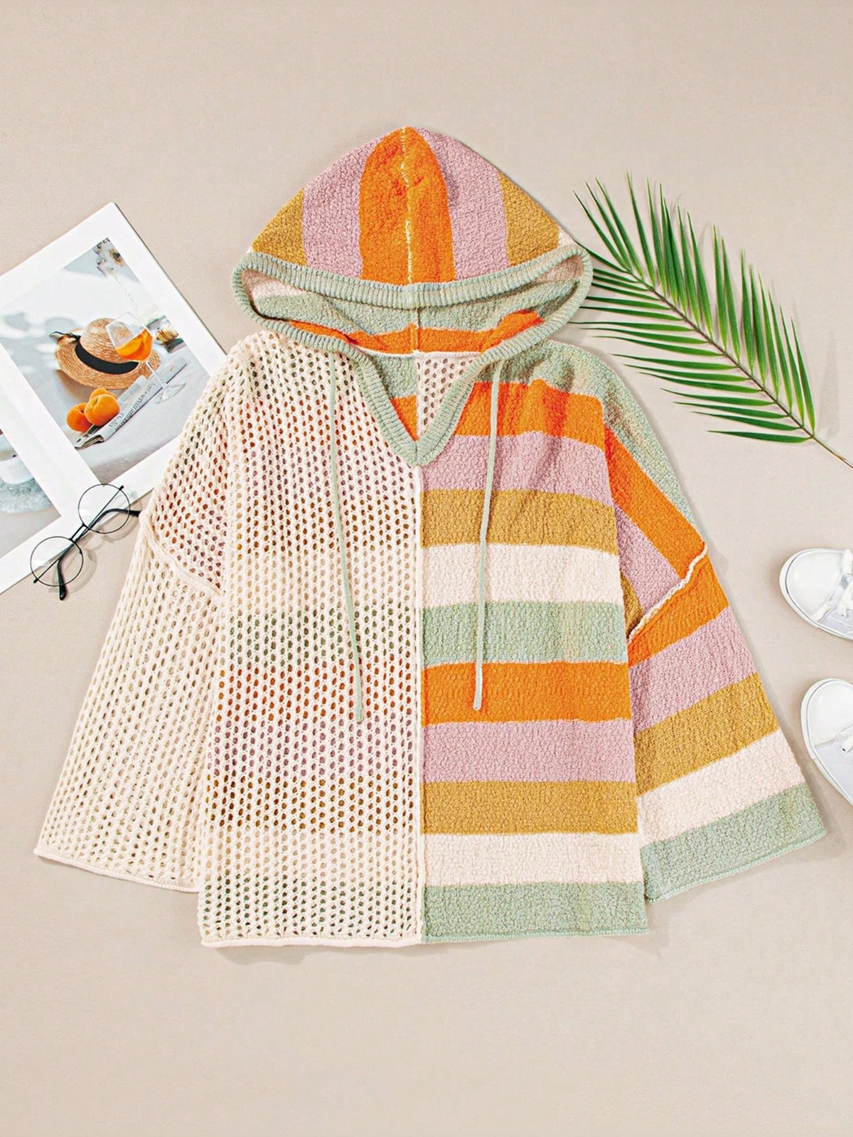 Boho Retro Vintage 60's  Drop Shoulder Wide Kimono Camouflage Marble Acid Sleeve Stripe Eyelet Overs Sized  Sweater Knit Hood Pullover Hodie