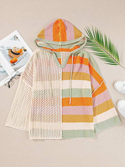 Boho Retro Vintage 60's  Drop Shoulder Wide Kimono Camouflage Marble Acid Sleeve Stripe Eyelet Overs Sized  Sweater Knit Hood Pullover Hodie