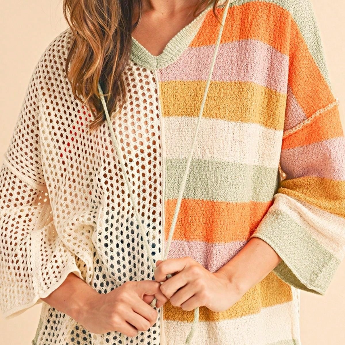 Boho Retro Vintage 60's  Drop Shoulder Wide Kimono Camouflage Marble Acid Sleeve Stripe Eyelet Overs Sized  Sweater Knit Hood Pullover Hodie